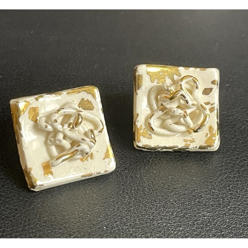 Vintage MCM Sculptural Earrings Clip Ons Modernist White Gold Tone Midcentury